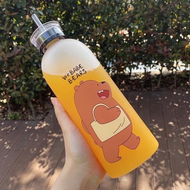 We Bare Bears Panda Water Bottle 1000ml – Cute Cartoon Design with Straw & Two Caps | Durable Reusable Bottle for Daily Hydration (Random Design)
