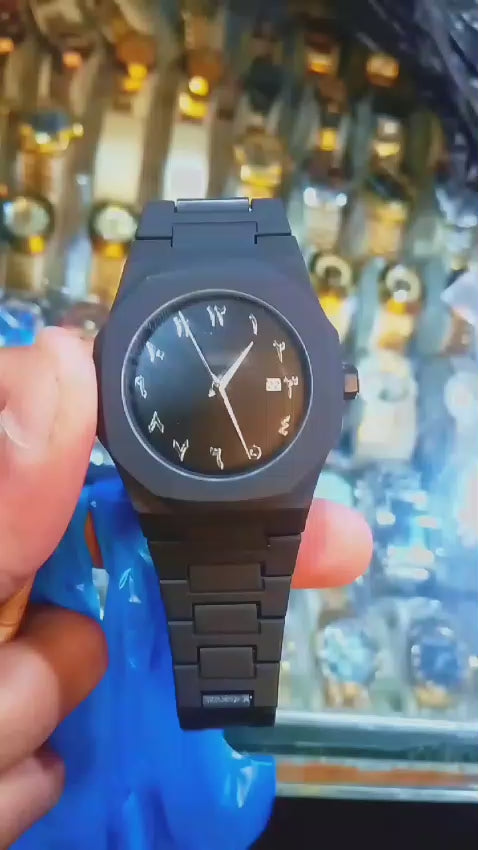 Black Arabic Aura Watch With Eastern Arabic Numerals And Date Elegant Durable Stylish Unique And Modern (Without Box)